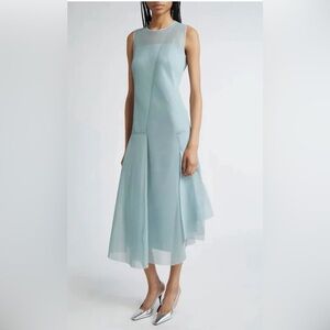 Akris Asymmetric Sleeveless Pleat Techno Midi Dress in Stone Blue.